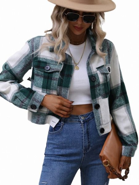 

plaid flap pocket drop shoulder jacket l5ar#, Black;brown