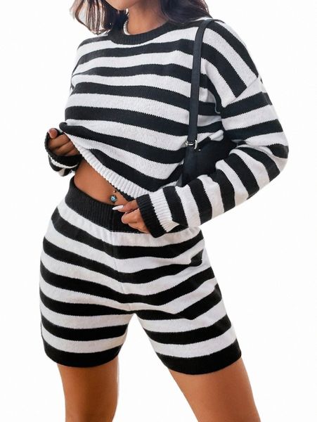 

striped pattern drop shoulder sweater & knit shorts k6kh#, White;black