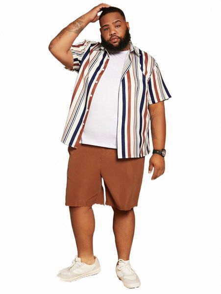 

extended sizes men vertical striped shirt & drawstring waist shorts w2fq#, Gray