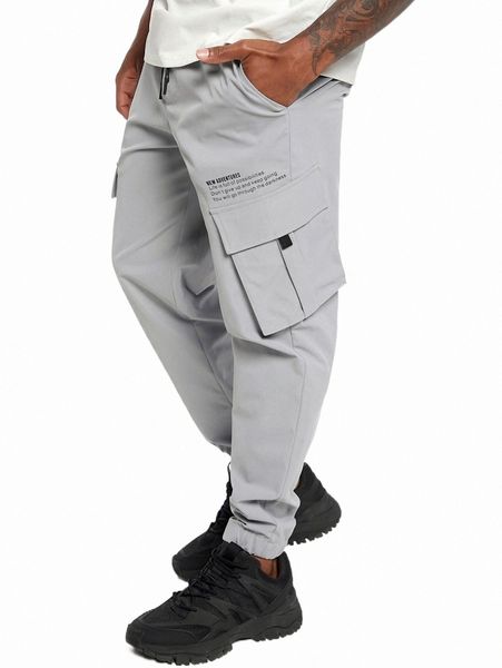 

men slogan graphic flap pocket side drawstring waist cargo pants x5b5#, Black