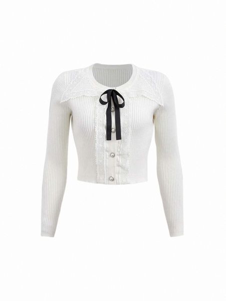 

mod contrast guipure lace bow front cardigan 80nd#, White;black