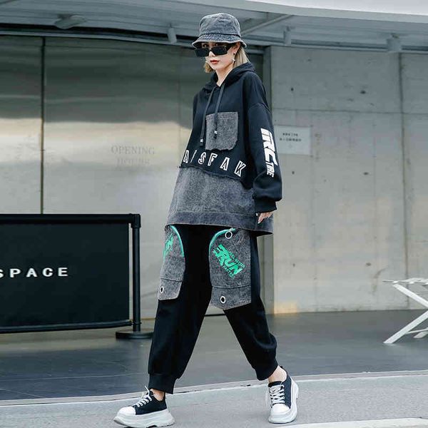 

denim spliced sweatshirts harem sweatpants two pieces set jogger costume, Black