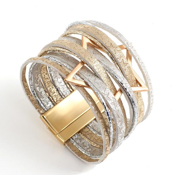 

handmade stars pattern leather wrap strands bracelet multilayer big metal charm cuff bangles boho magnetic clasp jewelry, Black