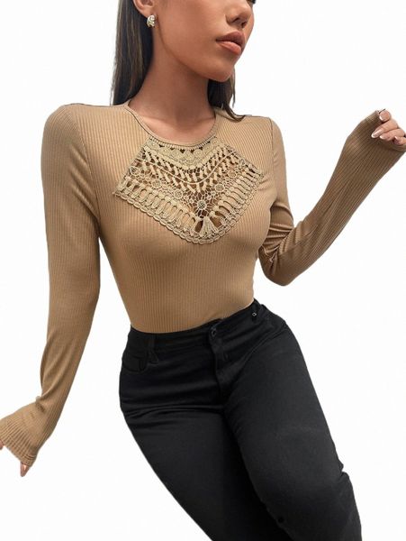 

lace panel rib-knit tee t24k#, White
