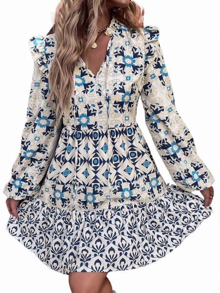 

floral print lantern sleeve ruffle hem dress y61f#, Black;gray