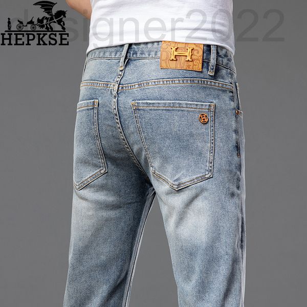 

men's jeans designer spring autumn light blue jeans men's luxury elastic slim straight pants thin 9vs0
