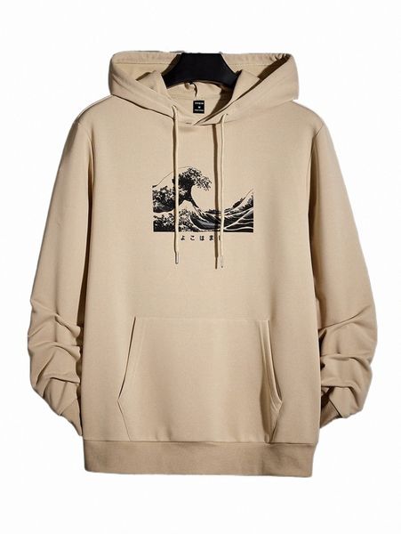 

men wave print drawstring hoodie h1xv#, Black