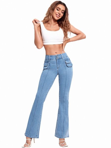 

flap pocket flare leg jeans f8el#, Blue