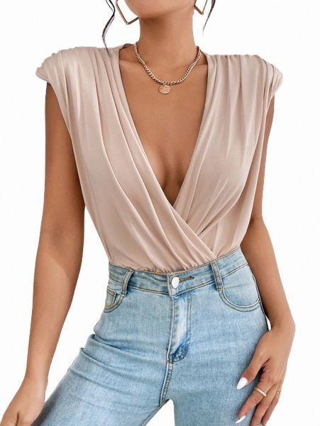 

ruched shoulder pads plunging neck bodysuit s3nl#, White