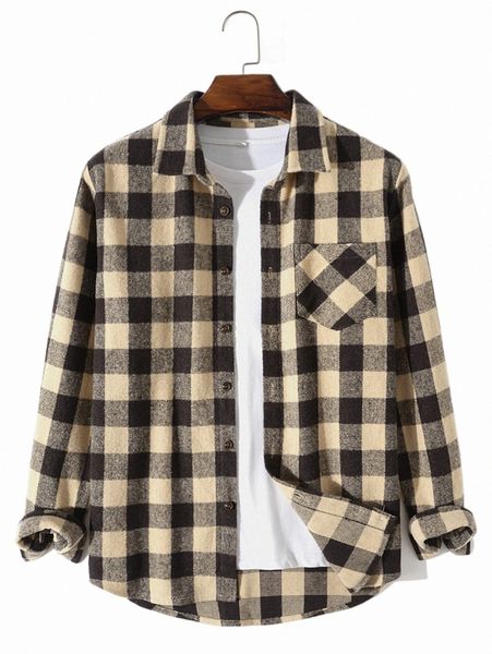 

men buffalo plaid patched pocket overcoat without tee w30c#, Black