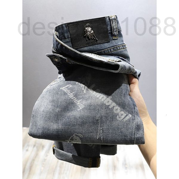 

men's jeans designer light blue european personalized printing fashion brand slim calf jeans men's korean version elastic trend pa