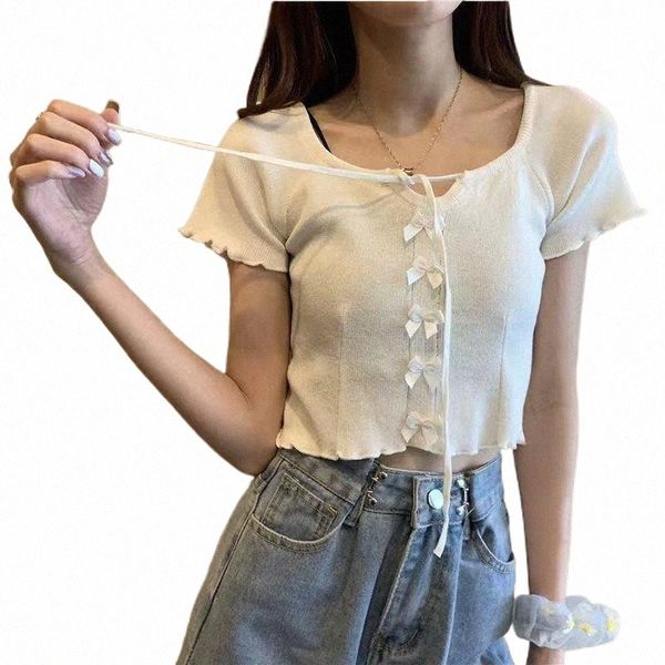 

bownots women tshirt square collar short sleeve knitted slim cropped fashion lace-up summer clothes for 2021 women's t-shirt o0ff#, White