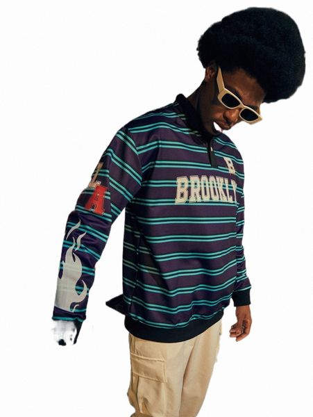 

romwe street life guys letter striped polo sweatshirt g1x0#, Black