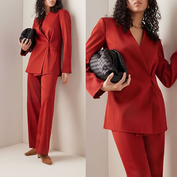 

simple v neck bridal slim fit blazer suits new design long sleeve bride wedding outfits leisure two pieces party gowns wear, Black;red
