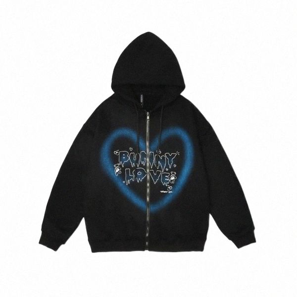 

women's hoodies & sweatshirts hip-hop couple loose thin hoodie women heart-shaped letters graffiti harajuku plus velvet zipper sweatshi, Black