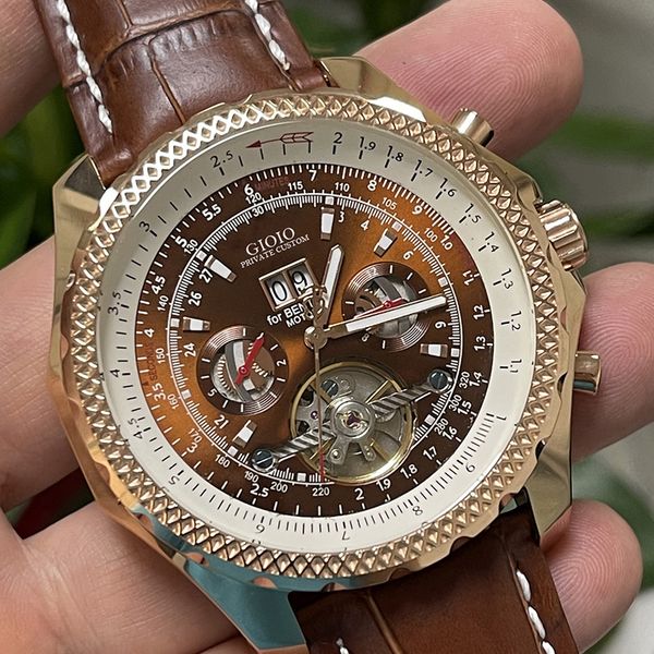 

men automatic mechanical watch black blue brown leather tourbillion, Slivery;brown