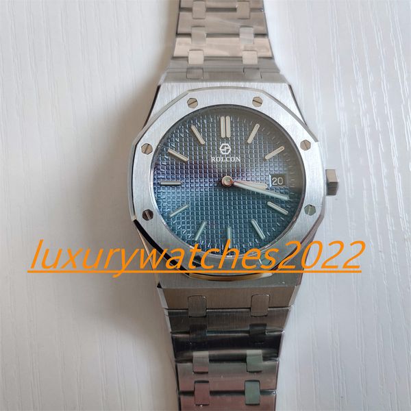 

zr factory mens watch 39mm ultra thin quartz movement ref.15202st blue dial stainless steel bracelet 904l sapphire glass wristwatch original, Slivery;brown