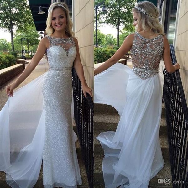 

white prom dresses sleeveless scoop neck illusion back with overskirt chiffonn sequins beaded custom made evening party gowns formal plus si, Black