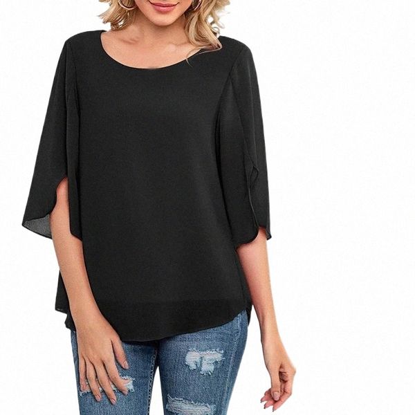 

fashion lady womens casual round neck loose 3/4 sleeve chiffon blouse shirt vestiti di moda women's t-shirt n7if#, White