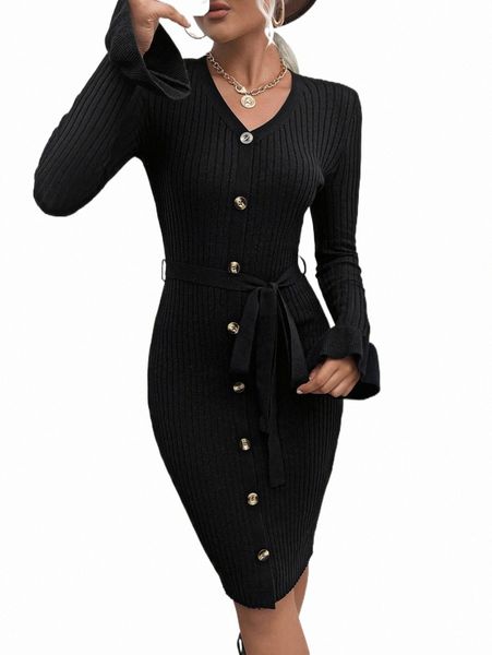 

flounce sleeve single breasted belted sweater dress 17qr#, White;black
