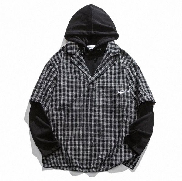 

women's hoodies & sweatshirts women striped plaid false two pieces casual pullover hooded men fashion hip hop hipster streetwear hoodie, Black
