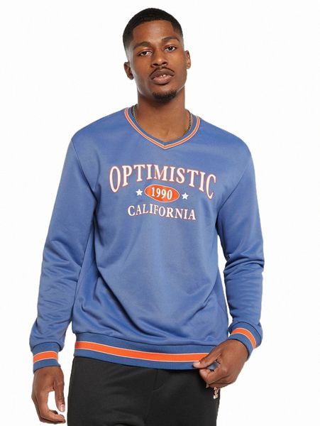 

men letter graphic contrast trim pullover 38v0#, Black