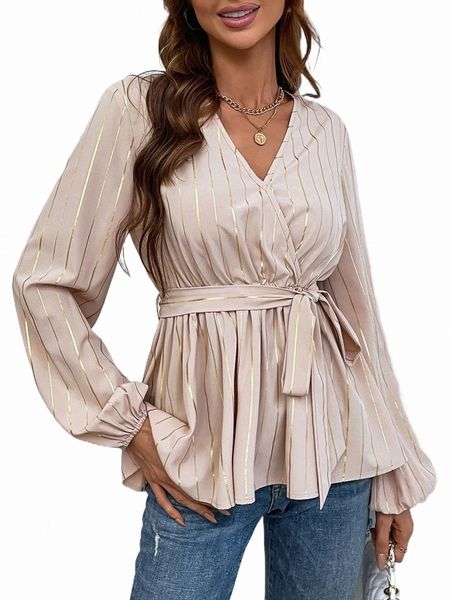 

striped print surplice neck belted peplum blouse d7tb#, White