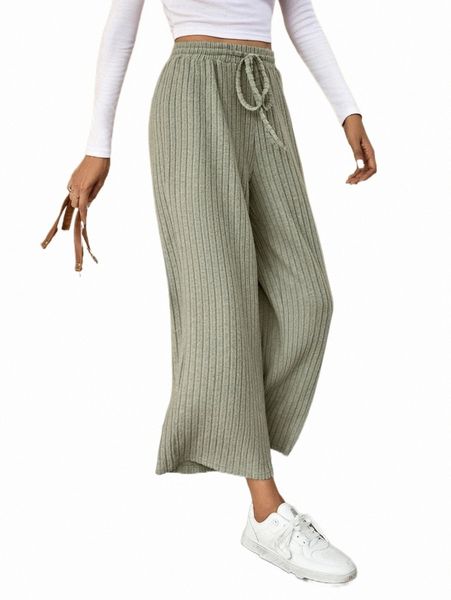 

ribbed knit drawstring waist wide leg pants e0ii#, Black;white