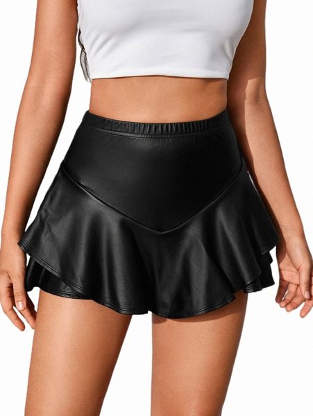 

ruffle hem pu leather skort i8sl#, White;black