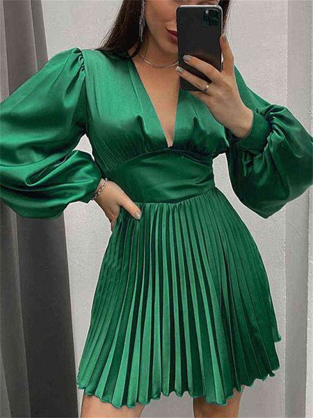 

side with me 2022 sprin summer a line pleated v neck woman mini dress lantern sleeve club party prom women's dresses t220819, Black;gray