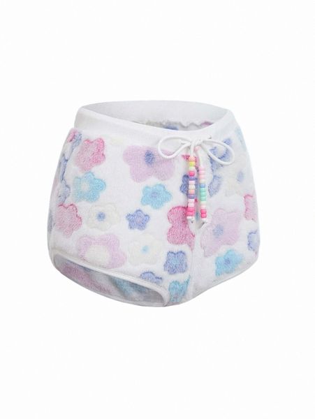 

floral drawstring beaded detail flannel shorts y77j#, White;black