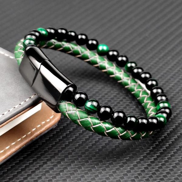 

mingao fashion green stone beads strands men bracelet multilayer leather punk jewelry stainless steel magnetic clasp bangles, Black