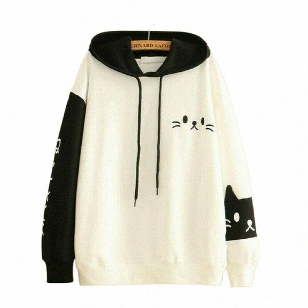

women's hoodies & sweatshirts womens casual lovely cat pattern hoodie long sleeve kitty print sweatshirt female streetwear p67d#, Black