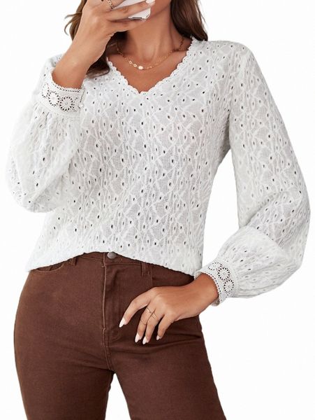 

eyelet embroidery lace trim v neck blouse t2gz#, White