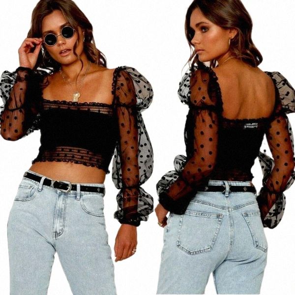 

women's t-shirt lace mesh puff sleeve crop women frint embroidery see through t shirt cropped 2021 summer perspective tshirt 61x7#, White