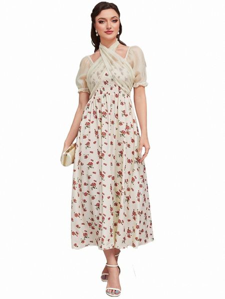 

floral criss cross tie back dress c349#, Black;gray