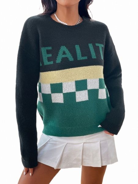 

checkered & letter pattern drop shoulder sweater 66jn#, White;black