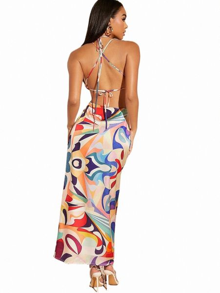 

bae graphic print cutout self-tie halter neck slit dress a2yv#, Black;gray
