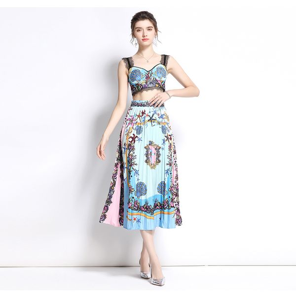 

2022 women designer set summer retro print dress sets slim vests and pleated long skirt home wear suit cute casual vacation beach boho woma, White