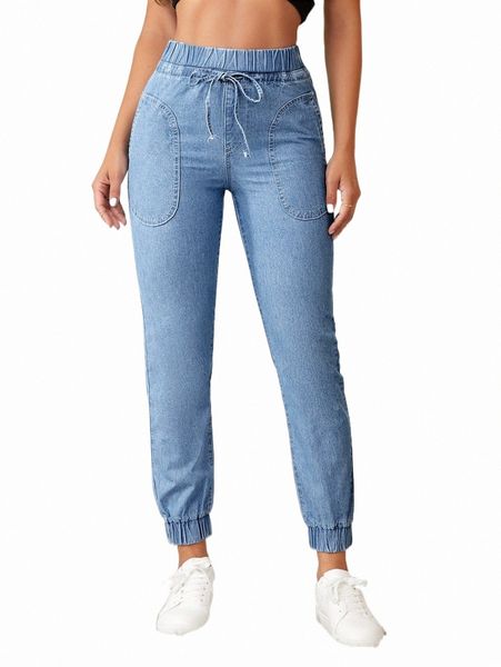 

drawstring waist jogger jeans p2xc#, Blue