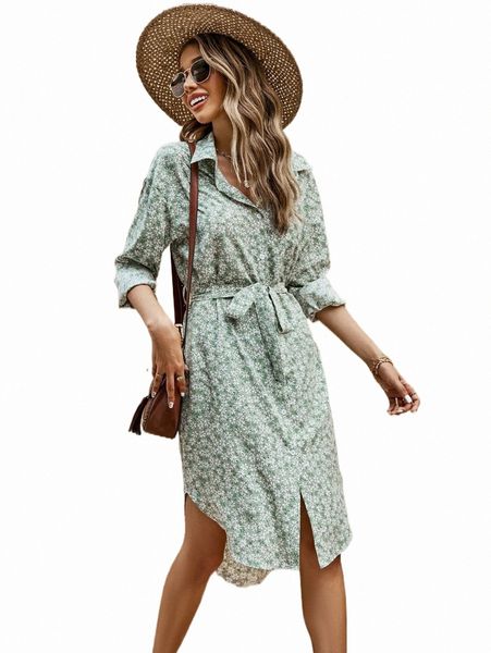 

ditsy floral curved hem belted shirt dress 12ac#, Black;gray