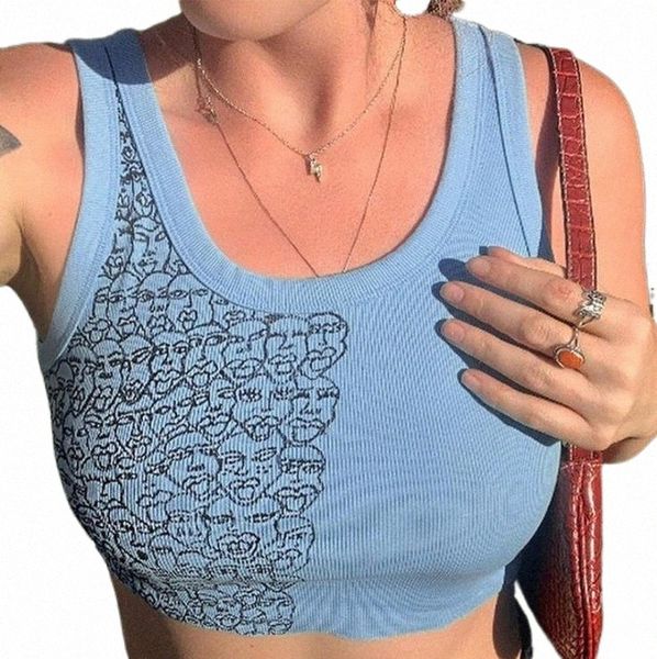 

women's tanks & camis 2021 summer ribbed tank crop vest fashion harajuku korean female knitted white blue women slim fit printed n8gx#