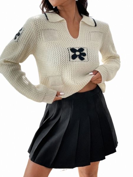 

floral pattern contrast trim sweater m77p#, White;black