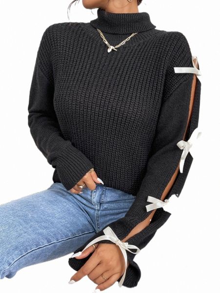 

bow side turtleneck drop shoulder sweater n7xe#, White;black