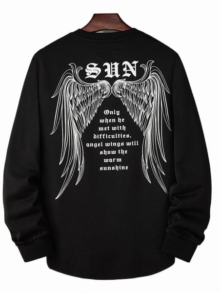 

men slogan & wing print pullover l5ok#, Black