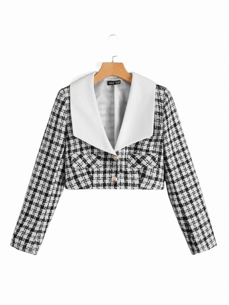 

plaid shawl collar crop overcoat 18mu#, Black