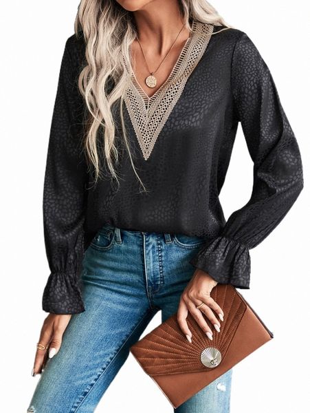 

satin jacquard guipure lace panel flounce sleeve blouse g424#, White