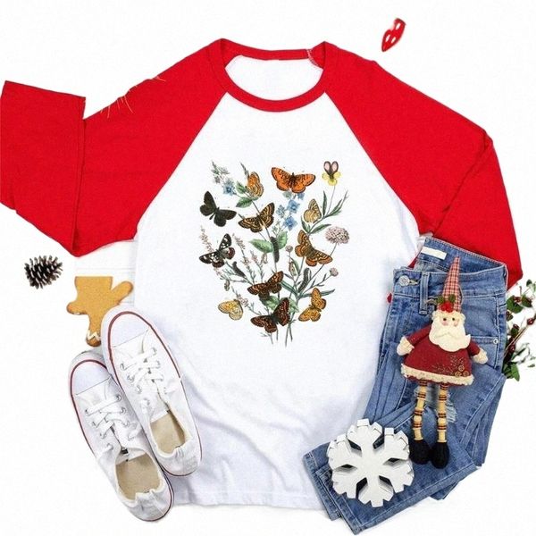 

casual woman tshirts long sleeve o-neck cotton rub shoulders harajuku street style femme t-shirts aesthetic butterfly print women's t-s, White