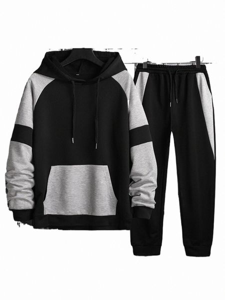 

men two tone raglan sleeve drawstring hoodie & sweatpants i7tt#, Gray