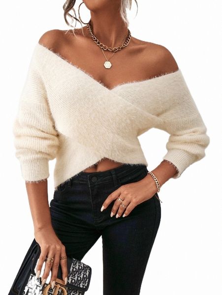

fluffy knit wrap cross drop shoulder sweater 86b0#, White;black